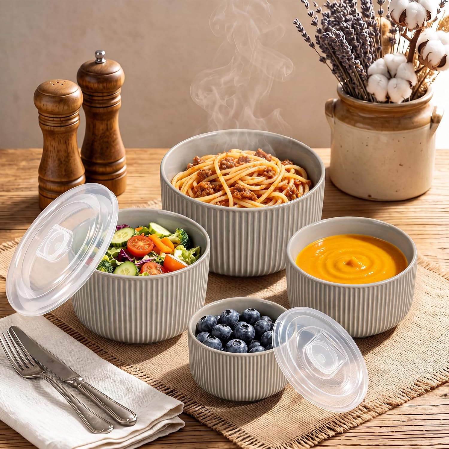 image:imageEfar Ceramic Mixing Bowls with Lids Serving Bowls Set of 4 Midnight BlueSpeckled Khaki