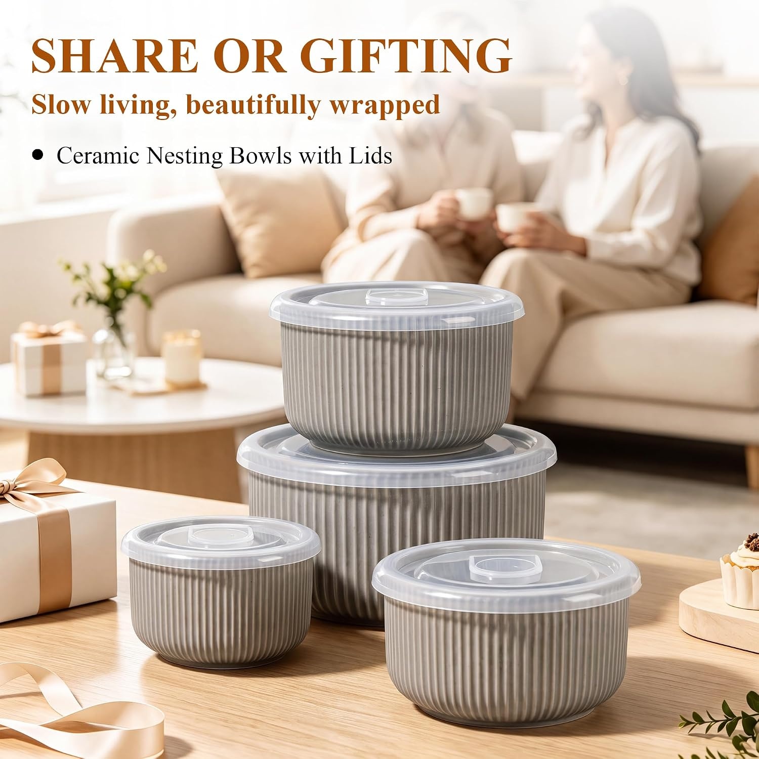 image:imageEfar Ceramic Mixing Bowls with Lids Serving Bowls Set of 4 Midnight BlueSpeckled Khaki