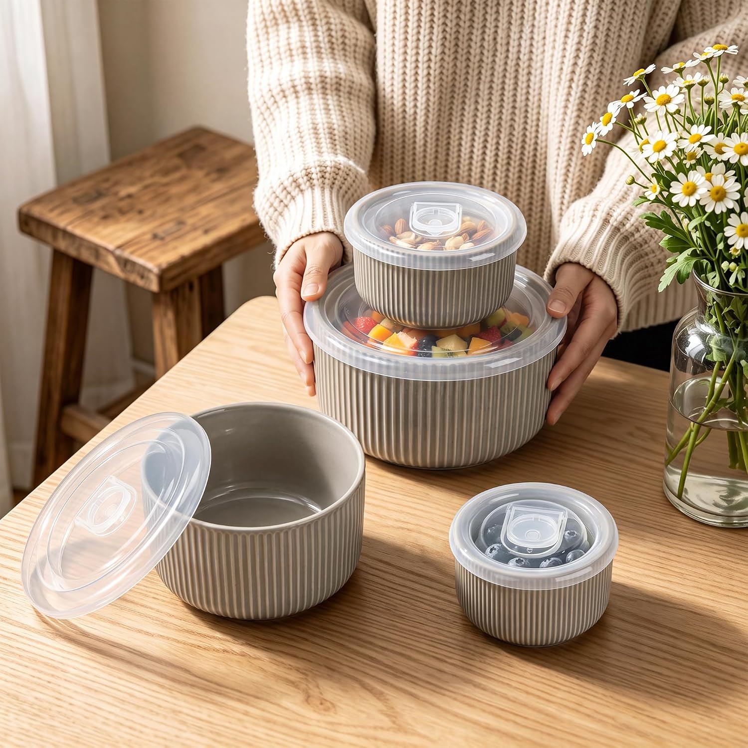 image:imageEfar Ceramic Mixing Bowls with Lids Serving Bowls Set of 4 Midnight BlueSpeckled Khaki