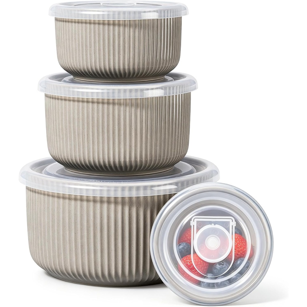 image:imageEfar Ceramic Mixing Bowls with Lids Serving Bowls Set of 4 Midnight BlueSpeckled Khaki