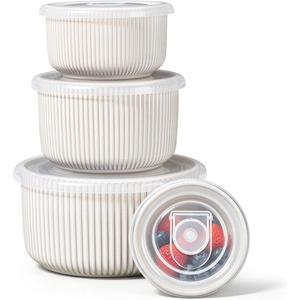 E-far Ceramic Mixing Bowls with Lids, Serving Bowls Set of 4, Midnight Blue(Creamy Beige)